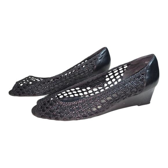 Stuart Weitzman Passive Black Leather Wedge Open Toe Women's Shoes Size 9.5 - Picture 4 of 10